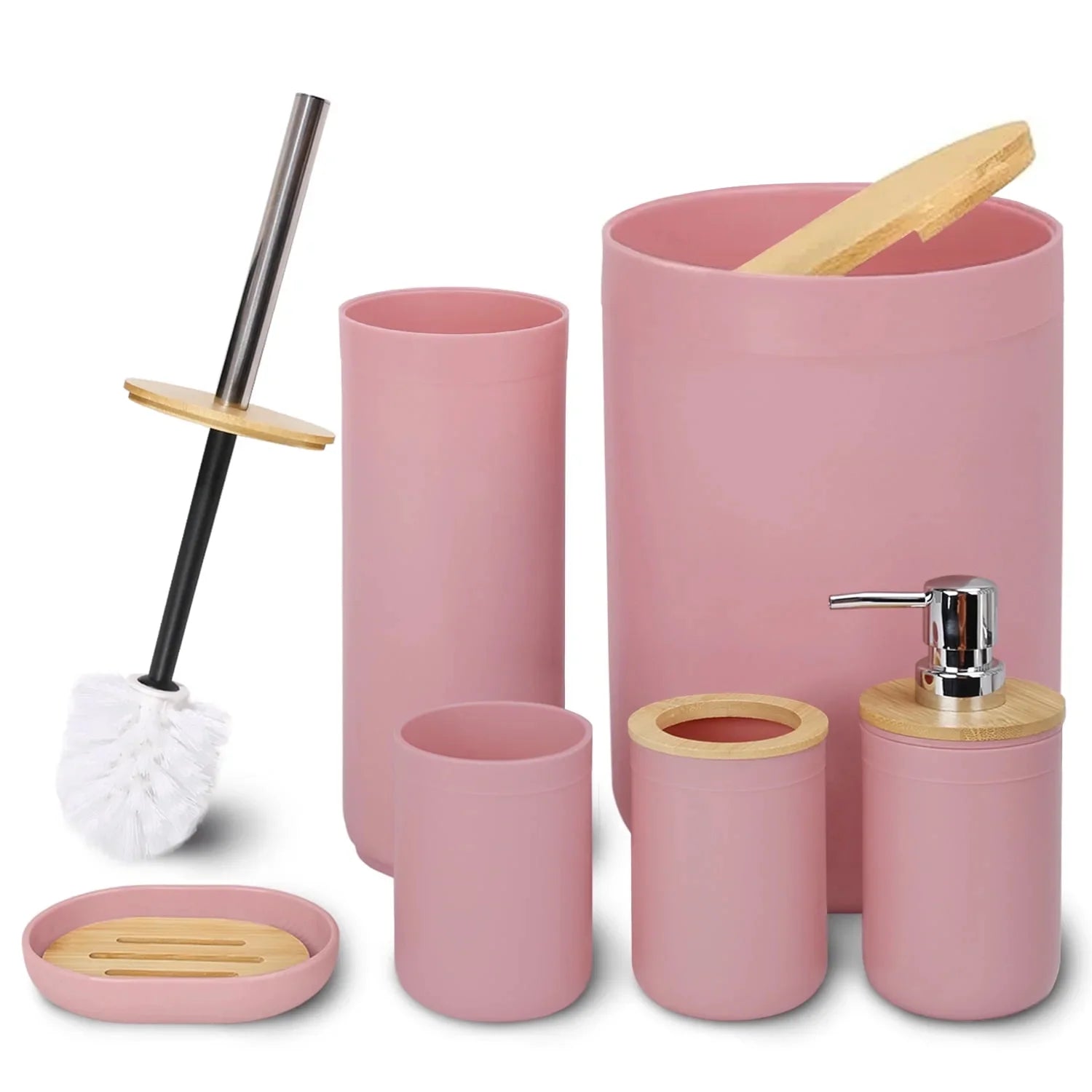 CERBIOR 7 PCS Bamboo Bathroom Accessories Sets with Trash Can, Soap Dispenser, Soap Dish, Toothbrush Holder, Toothbrush Cup, Toilet Brush and Qtip Holders,Pink