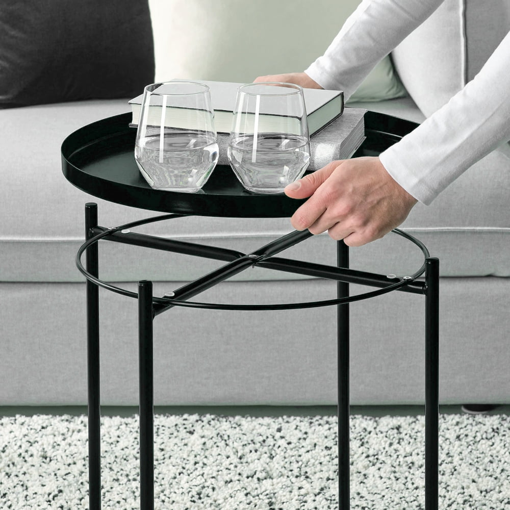 Cerbior Metal Tray End Table, Round Accent Coffee Side Table, Anti-Rust and Waterproof Outdoor Small Side Table, Indoor Modern Sofa Side Table Bedside Table for Living Room Bedroom Balcony (Black)