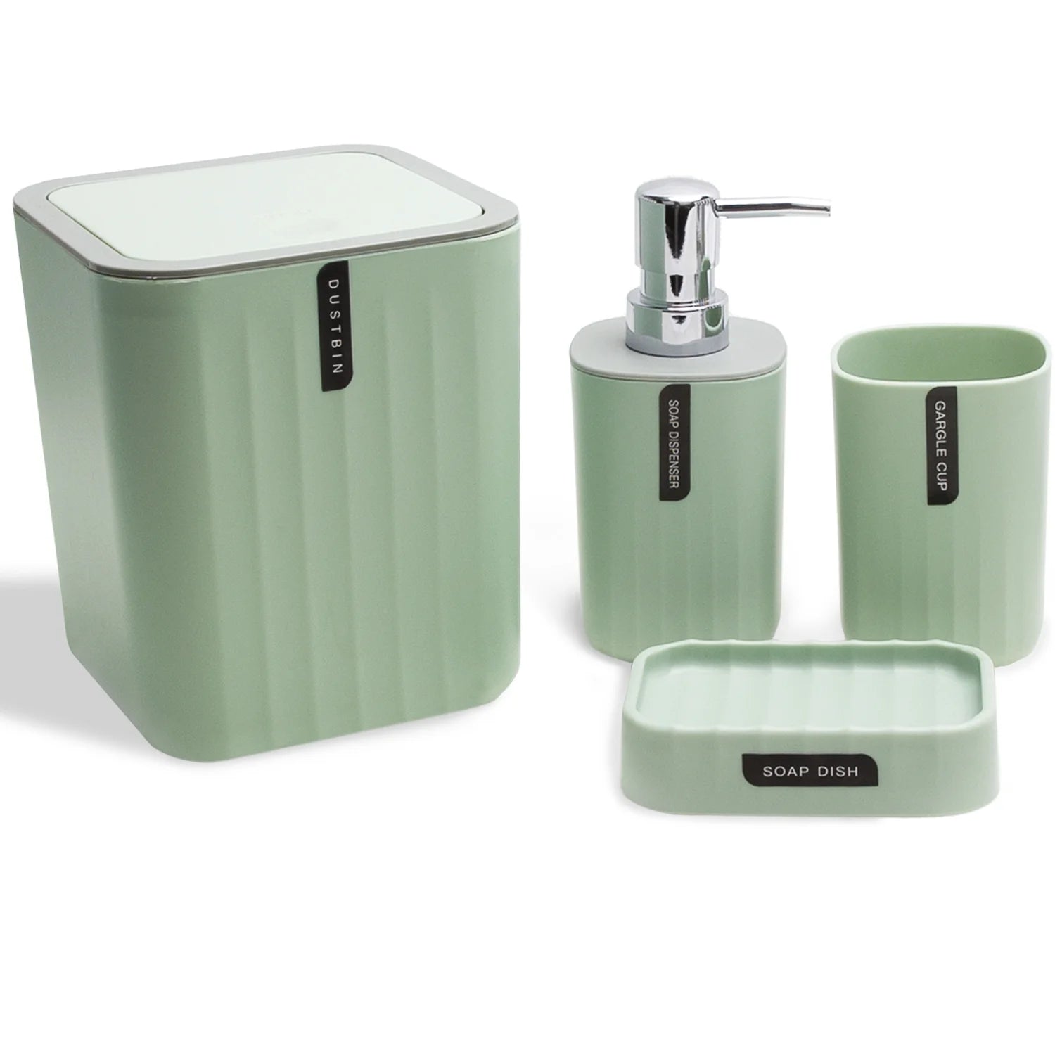 CERBIOR Bathroom 4-Piece Accessories Set, Bathroom Decor Set,Soap Dish,Soap Dispenser,Toothbrush Cup,Mini Desktop Trash Can with Lid, Green