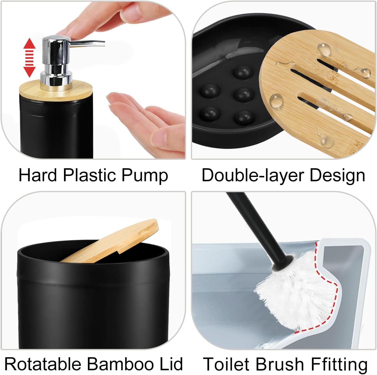 CERBIOR 7 Pieces Bamboo Bathroom Accessories Sets, Bath Set- Soap Dish Toothbrush Holder Rinse Cup Lotion Bottle Trash Can Toilet Brush - Practical Toilet Kit for Home Washing Room，Black