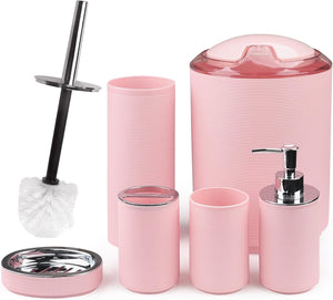 CERBIOR Bathroom Accessories Set Bath Ensemble Includes Soap Dispenser, Toothbrush Holder, Toothbrush Cup, Soap Dish for Decorative Countertop and Housewarming Gift (Pink Spiricle)