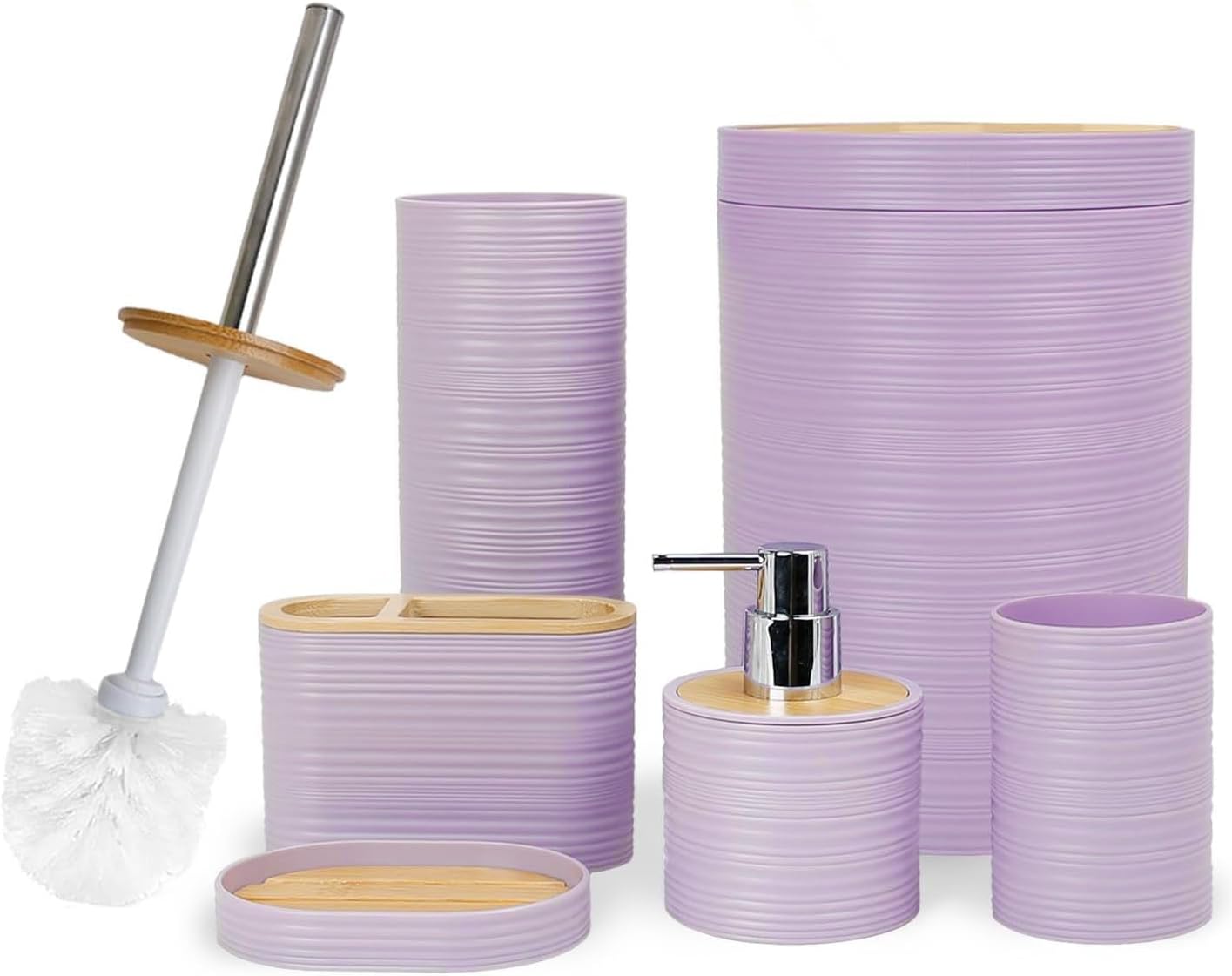 CERBIOR Bathroom Accessories Set 6 Piece Bamboo Bath Ensemble Includes Soap Dispenser, Toothbrush Holder, Toothbrush Cup, Soap Dish for Decorative Countertop and Housewarming Gift, Sriral Purple