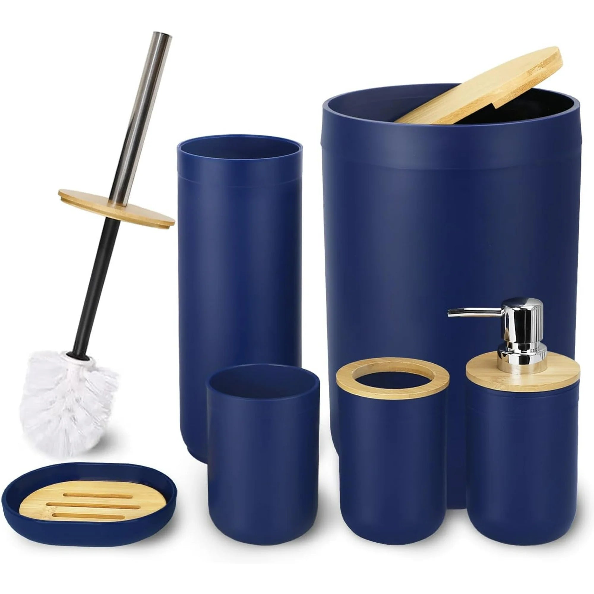 CERBIOR 7 PCS Bamboo Bathroom Accessories Sets with Trash Can, Soap Dispenser, Soap Dish, Toothbrush Holder, Toothbrush Cup, Toilet Brush and Qtip Holders,Navy Blue