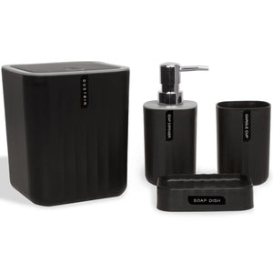 CERBIOR Bathroom 4-Piece Accessories Set, Bathroom Decor Set,Soap Dish,Soap Dispenser,Toothbrush Cup,Mini Desktop Trash Can with Lid, Black