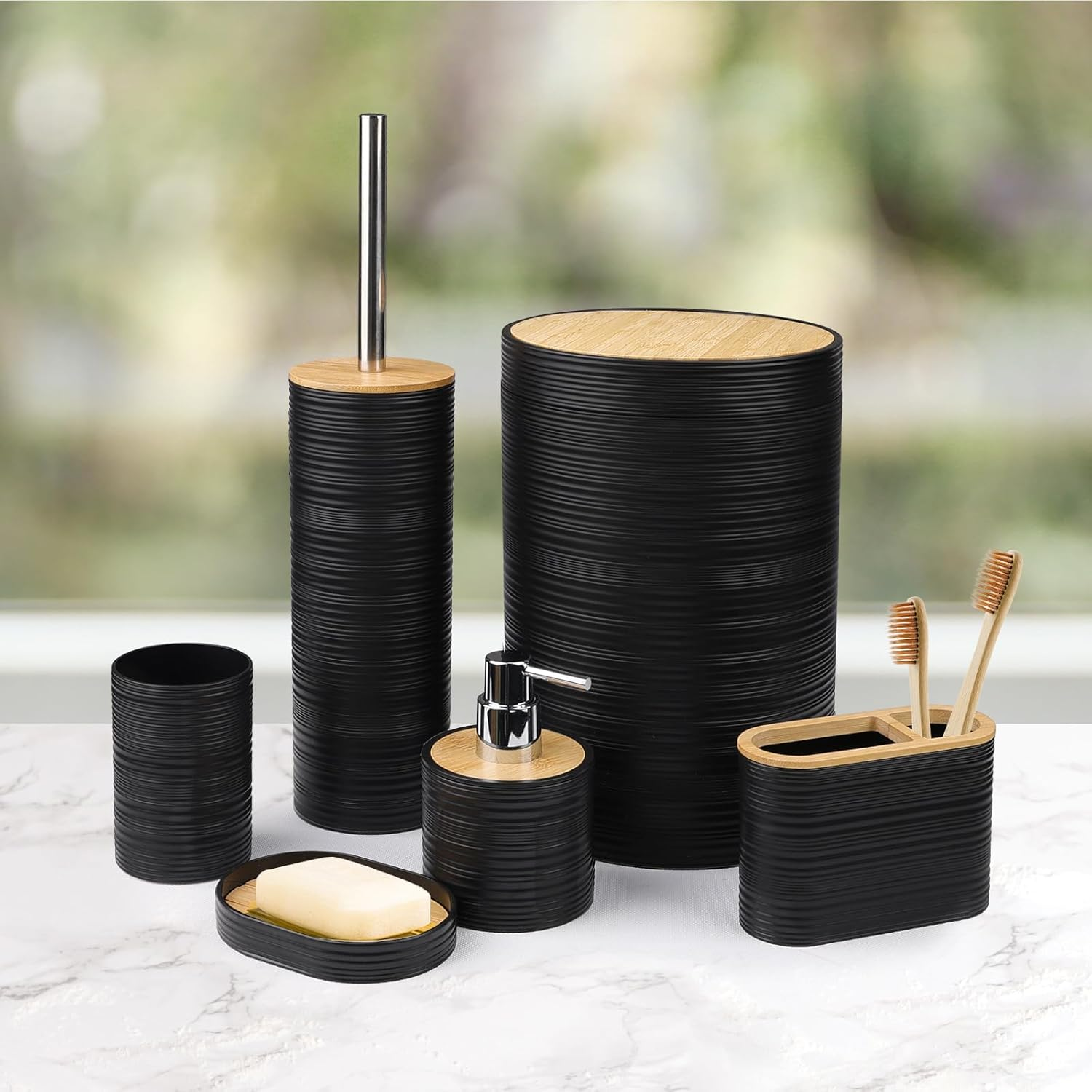 CERBIOR Bathroom Accessories Set Bath Ensemble Includes Soap Dispenser, Toothbrush Holder, Toothbrush Cup, Soap Dish for Decorative Countertop and Housewarming Gift (Black Spiricle)