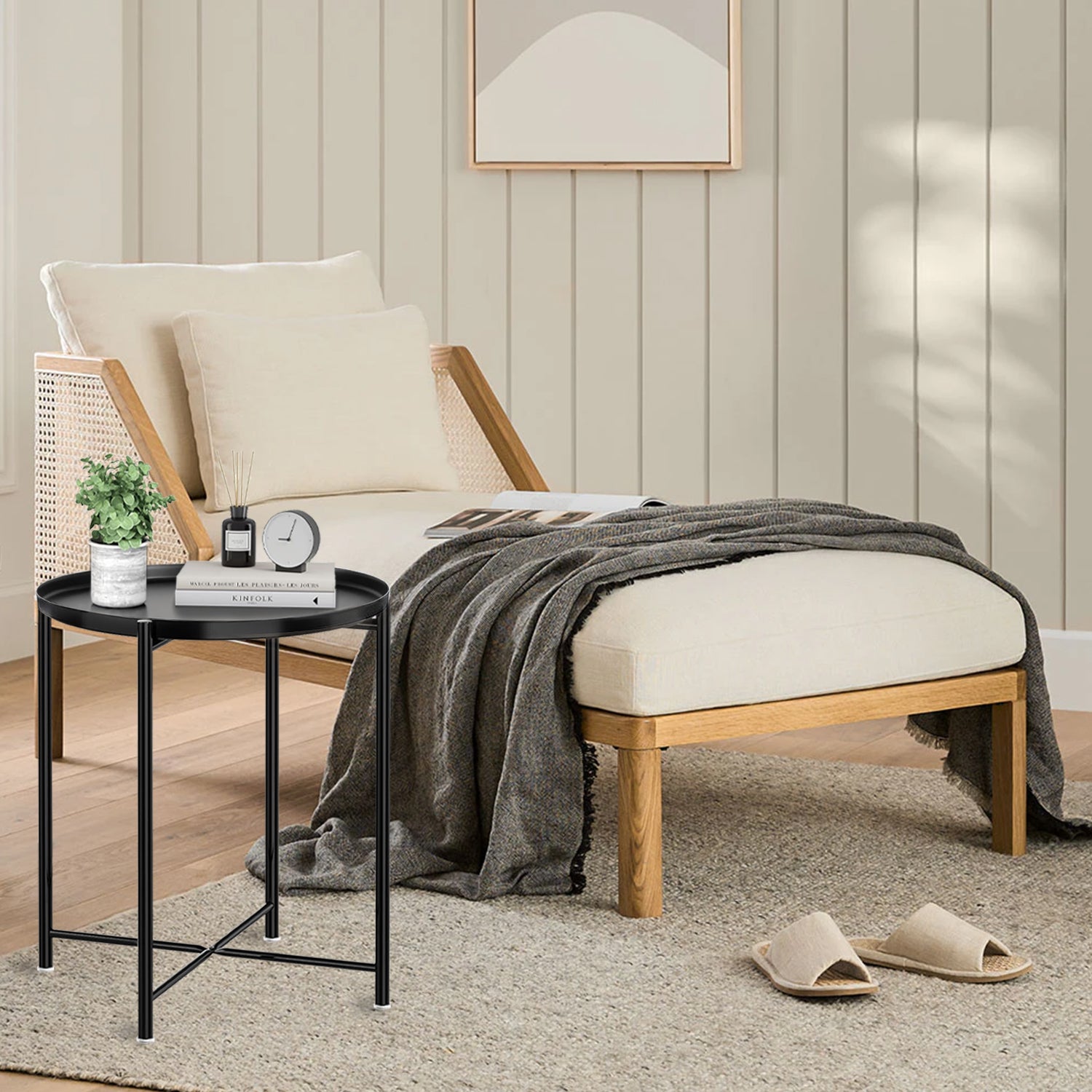 Cerbior Metal Tray End Table, Round Accent Coffee Side Table, Anti-Rust and Waterproof Outdoor Small Side Table, Indoor Modern Sofa Side Table Bedside Table for Living Room Bedroom Balcony (Black)