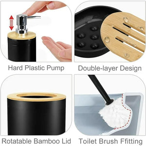 CERBIOR Bamboo Bathroom Accessory Set, 8 Pieces Bath Set- Soap Dish Toothbrush Holder Rinse Cup Lotion Bottle Trash Can Toilet Brush - Practical Toilet Kit for Home Washing Room, Bright Black