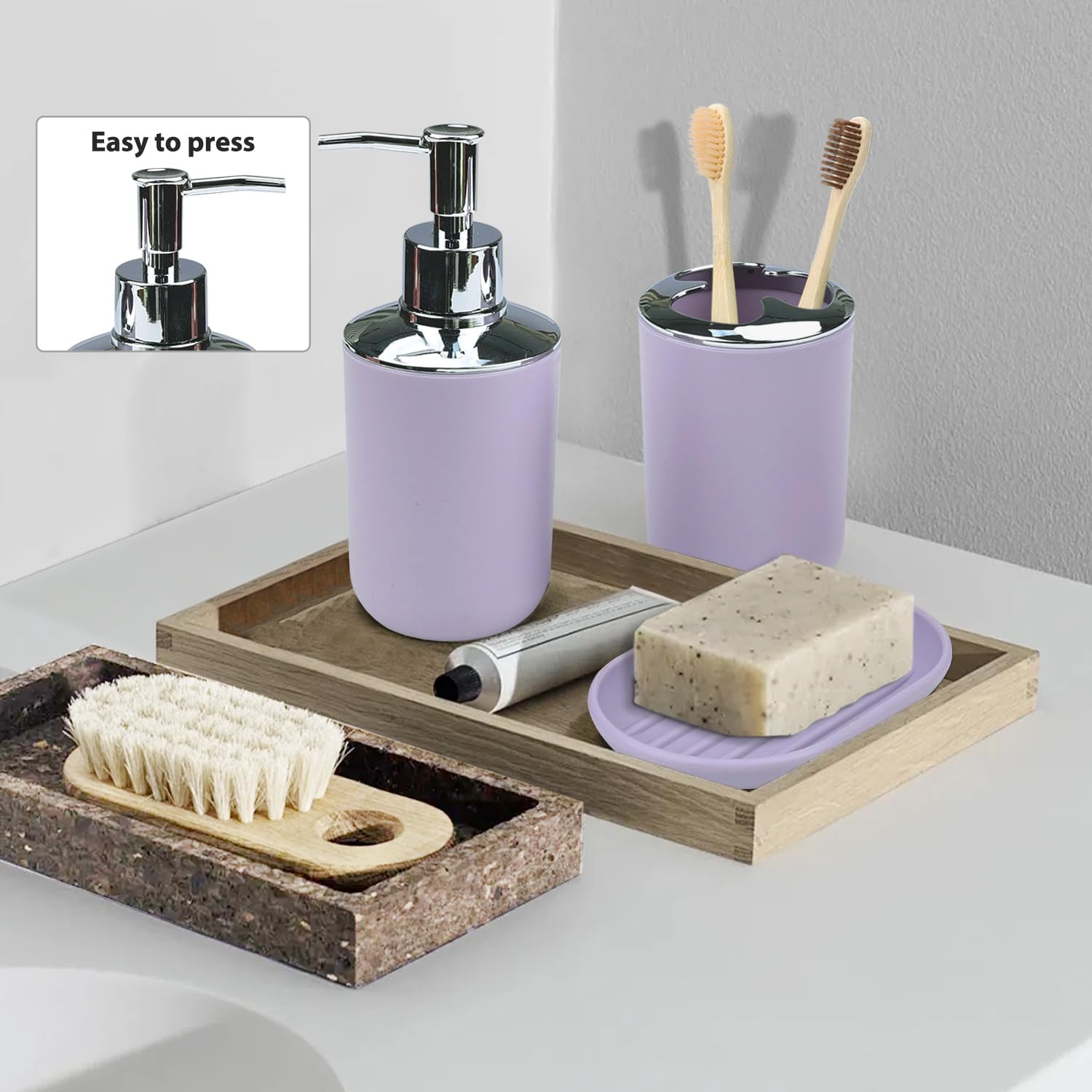 CERBIOR Bathroom Accessories Set 6 Piece Bath Ensemble Includes Soap Dispenser, Toothbrush Holder, Toothbrush Cup, Soap Dish for Decorative Countertop and Housewarming Gift (Purple)
