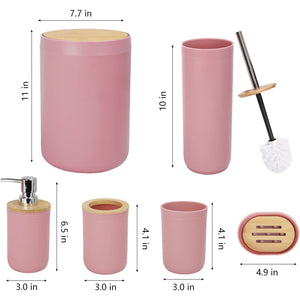 CERBIOR 7 PCS Bamboo Bathroom Accessories Sets with Trash Can, Soap Dispenser, Soap Dish, Toothbrush Holder, Toothbrush Cup, Toilet Brush and Qtip Holders,Pink