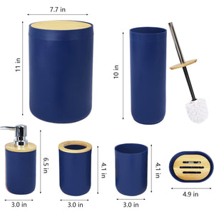 CERBIOR 7 PCS Bamboo Bathroom Accessories Sets with Trash Can, Soap Dispenser, Soap Dish, Toothbrush Holder, Toothbrush Cup, Toilet Brush and Qtip Holders,Navy Blue