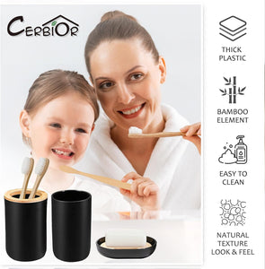 CERBIOR 7 Pieces Bamboo Bathroom Accessories Sets, Bath Set- Soap Dish Toothbrush Holder Rinse Cup Lotion Bottle Trash Can Toilet Brush - Practical Toilet Kit for Home Washing Room，Black