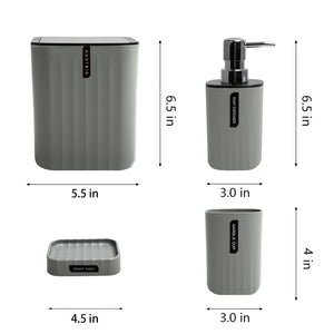 CERBIOR Bathroom 4-Piece Accessories Set, Bathroom Decor Set,Soap Dish,Soap Dispenser,Toothbrush Cup,Mini Desktop Trash Can with Lid, Grey