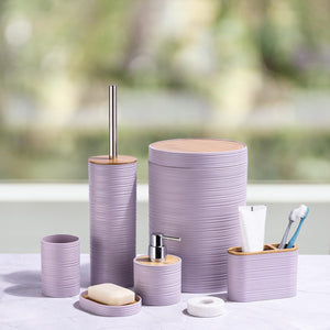 CERBIOR Bathroom Accessories Set 6 Piece Bamboo Bath Ensemble Includes Soap Dispenser, Toothbrush Holder, Toothbrush Cup, Soap Dish for Decorative Countertop and Housewarming Gift, Sriral Purple