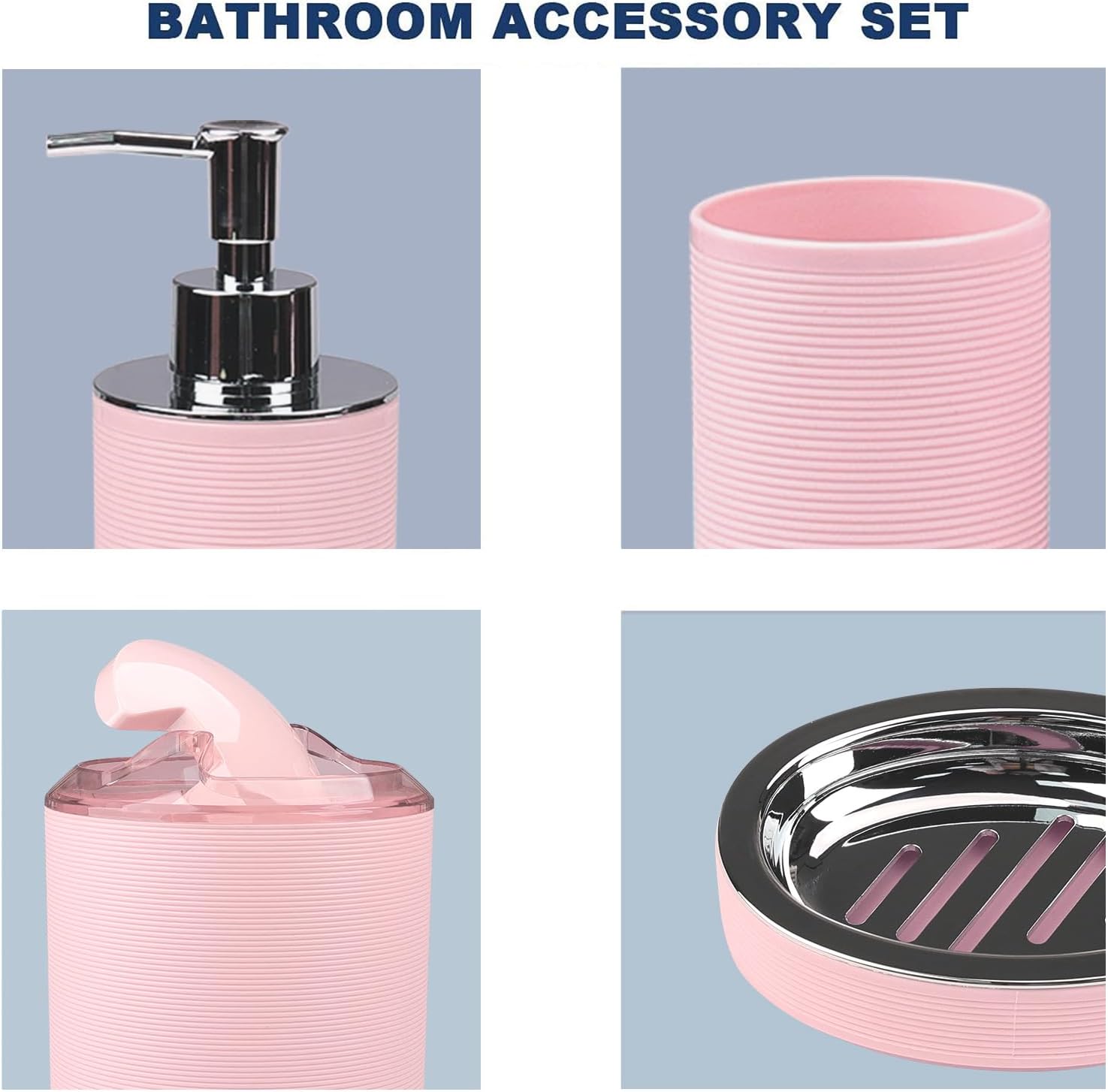 CERBIOR Bathroom Accessories Set Bath Ensemble Includes Soap Dispenser, Toothbrush Holder, Toothbrush Cup, Soap Dish for Decorative Countertop and Housewarming Gift (Pink Spiricle)