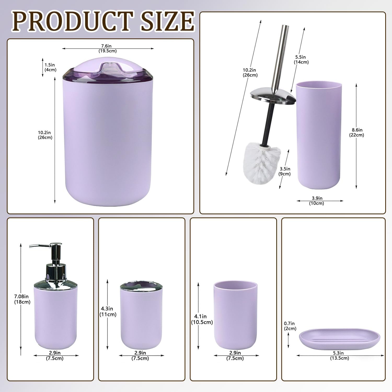 CERBIOR Bathroom Accessories Set 6 Piece Bath Ensemble Includes Soap Dispenser, Toothbrush Holder, Toothbrush Cup, Soap Dish for Decorative Countertop and Housewarming Gift (Purple)