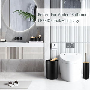 CERBIOR 7 Pieces Bamboo Bathroom Accessories Sets, Bath Set- Soap Dish Toothbrush Holder Rinse Cup Lotion Bottle Trash Can Toilet Brush - Practical Toilet Kit for Home Washing Room，Black