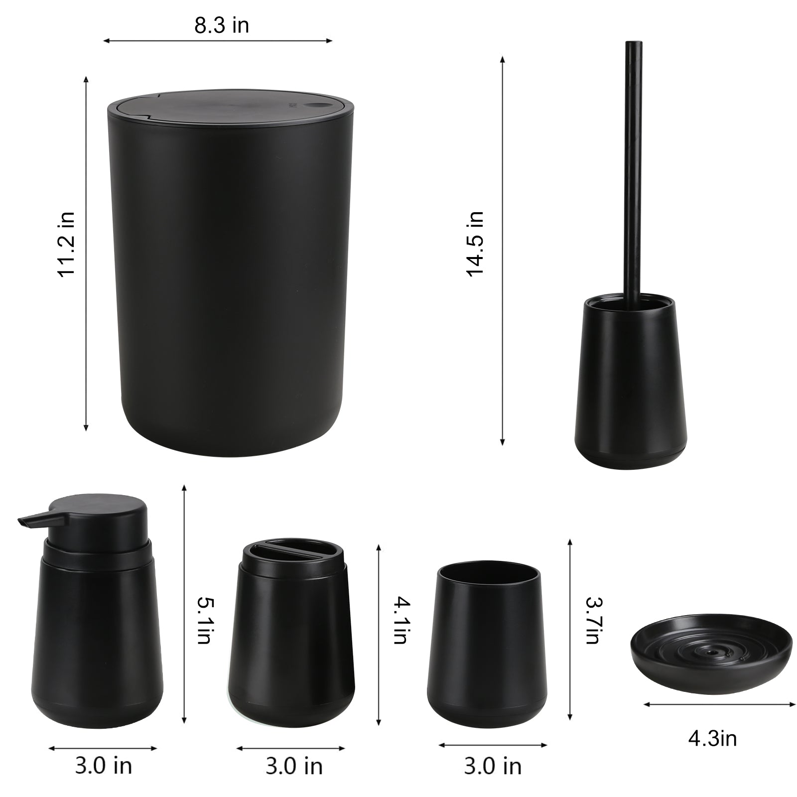 CERBIOR Bathroom Accessory Set 6 Piece Bathroom Set Soap Dispenser Toothbrush Holder Cup Soap Dish Toilet Cleaning Brush Push Down Trash Can, Black