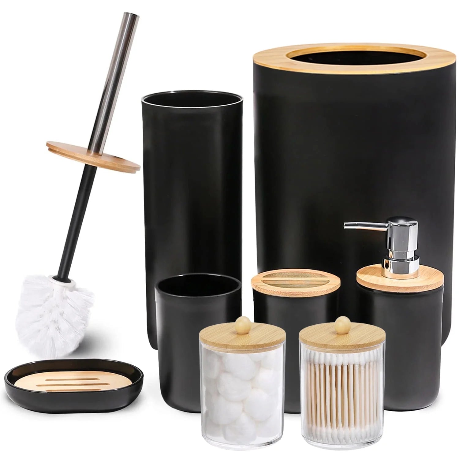 CERBIOR Bamboo Bathroom Accessory Set, 8 Pieces Bath Set- Soap Dish Toothbrush Holder Rinse Cup Lotion Bottle Trash Can Toilet Brush - Practical Toilet Kit for Home Washing Room, Bright Black