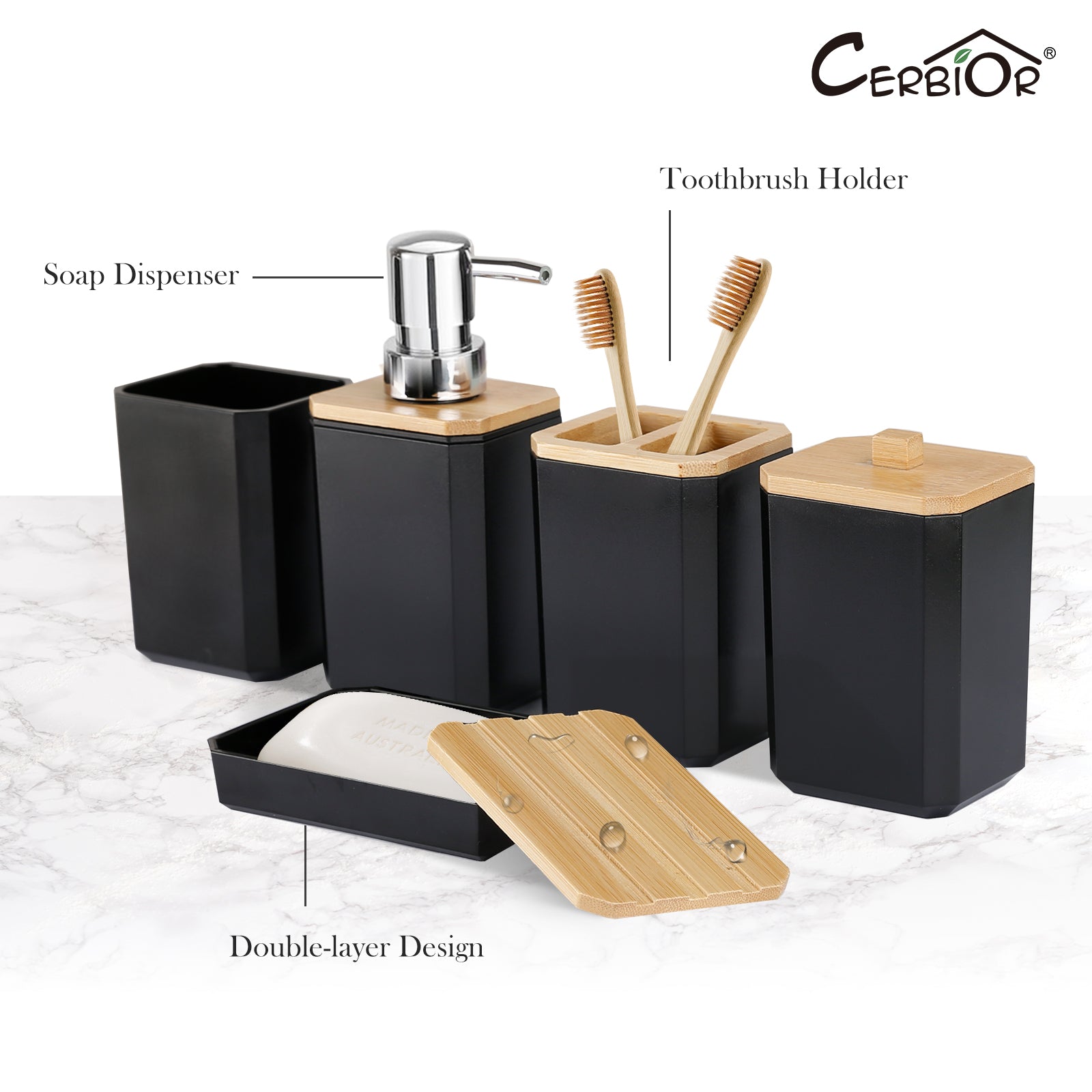 CERBIOR 8-Piece Bamboo Bath Accessory Set, Black