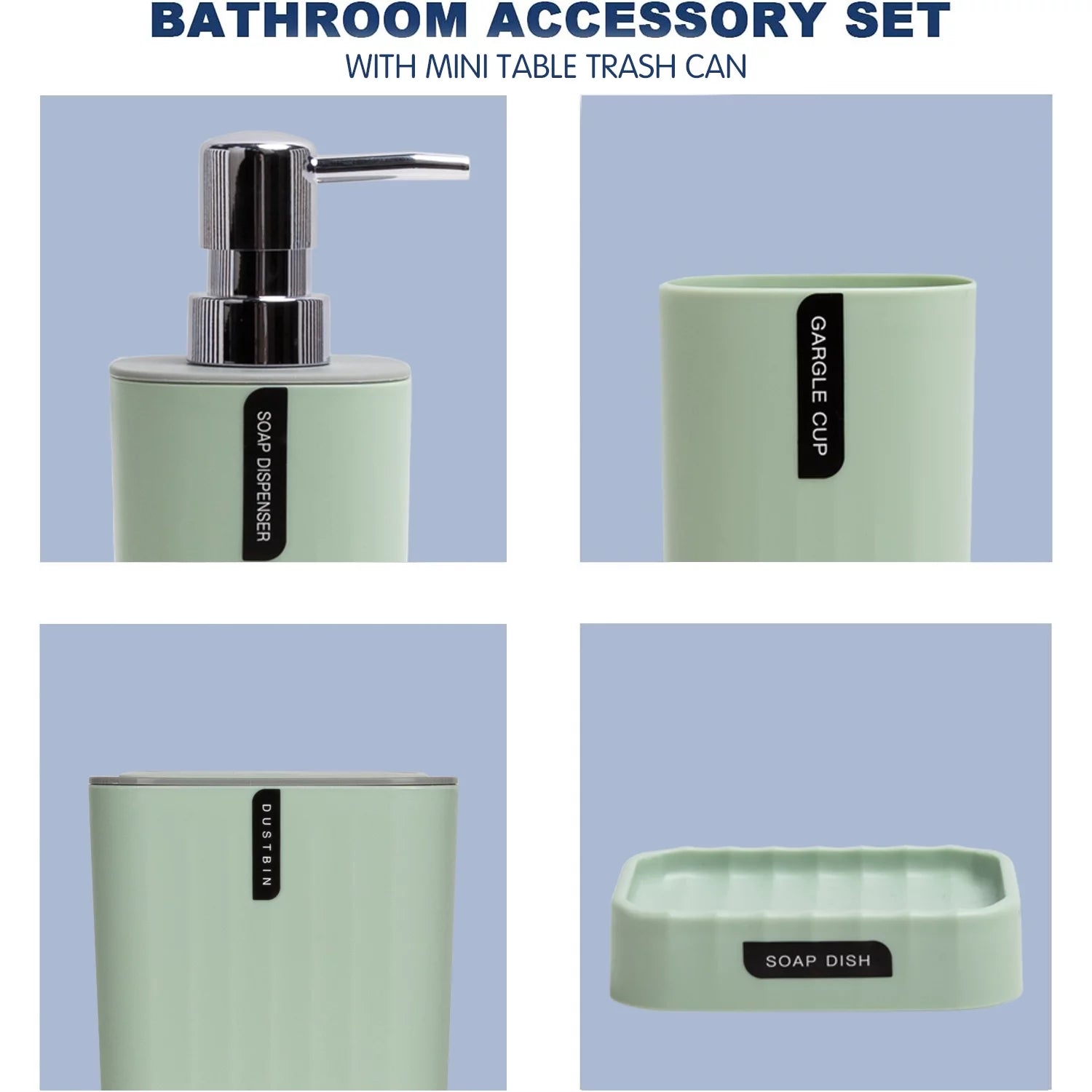 CERBIOR Bathroom 4-Piece Accessories Set, Bathroom Decor Set,Soap Dish,Soap Dispenser,Toothbrush Cup,Mini Desktop Trash Can with Lid, Green