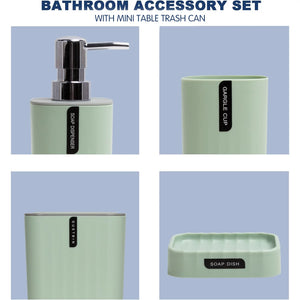 CERBIOR Bathroom 4-Piece Accessories Set, Bathroom Decor Set,Soap Dish,Soap Dispenser,Toothbrush Cup,Mini Desktop Trash Can with Lid, Green