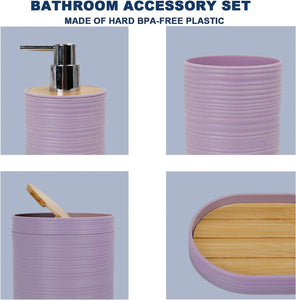 CERBIOR Bathroom Accessories Set 6 Piece Bamboo Bath Ensemble Includes Soap Dispenser, Toothbrush Holder, Toothbrush Cup, Soap Dish for Decorative Countertop and Housewarming Gift, Sriral Purple