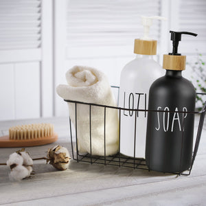 SEBORIO Glass Soap Dispenser Bathroom Set Pump- Hand Soap and Lotion Dispenser Set with Tray Farmhouse Bathroom Decor, Boho Bathroom Accessories - Set of 2, Black/White