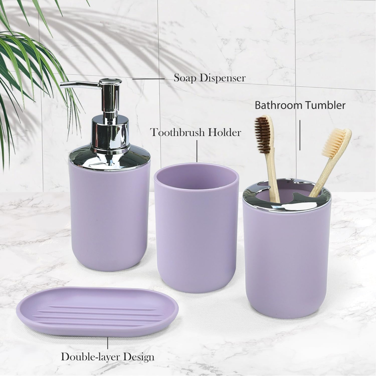CERBIOR Bathroom Accessories Set 6 Piece Bath Ensemble Includes Soap Dispenser, Toothbrush Holder, Toothbrush Cup, Soap Dish for Decorative Countertop and Housewarming Gift (Purple)