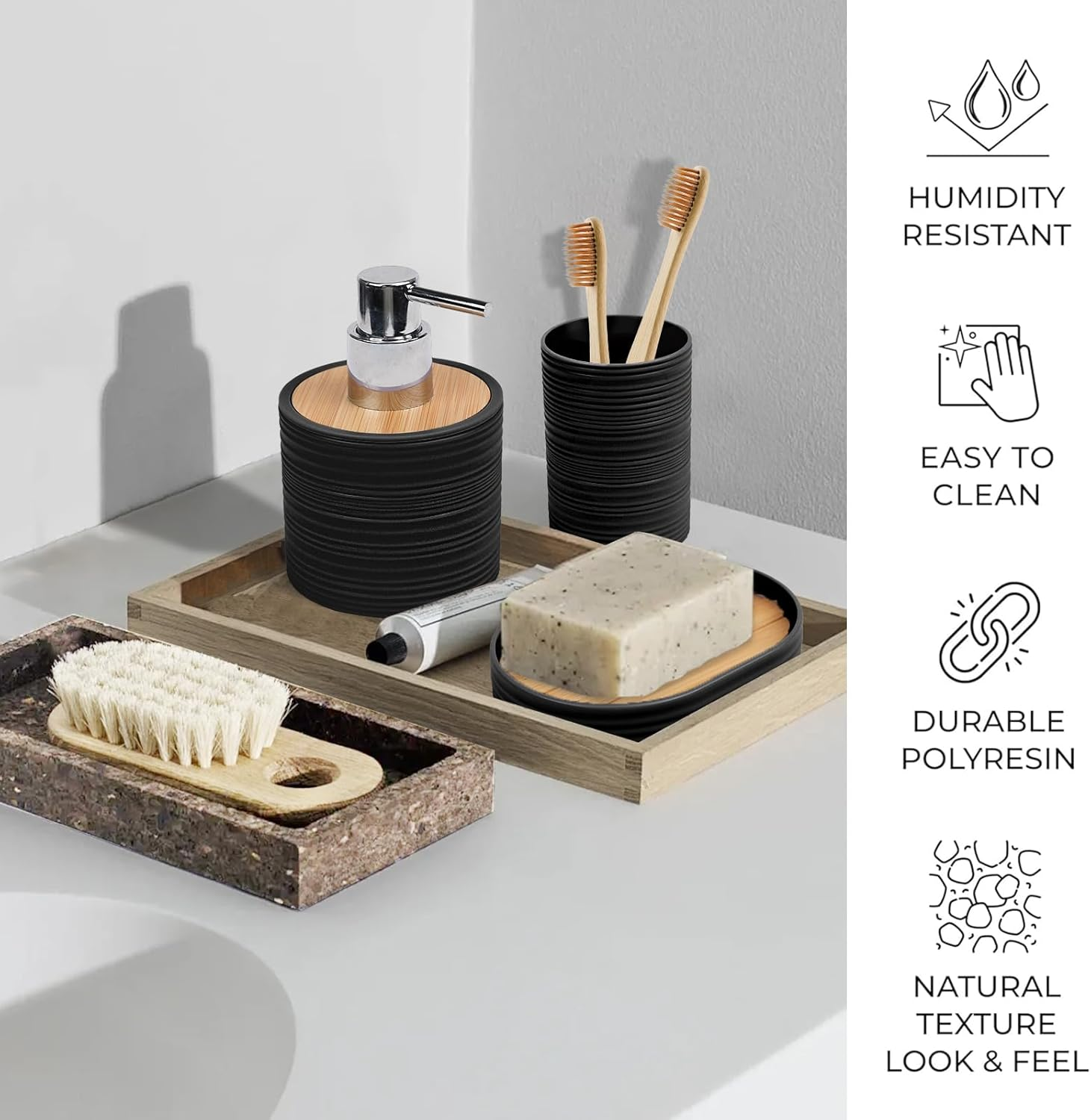 CERBIOR Bathroom Accessories Set Bath Ensemble Includes Soap Dispenser, Toothbrush Holder, Toothbrush Cup, Soap Dish for Decorative Countertop and Housewarming Gift (Black Spiricle)