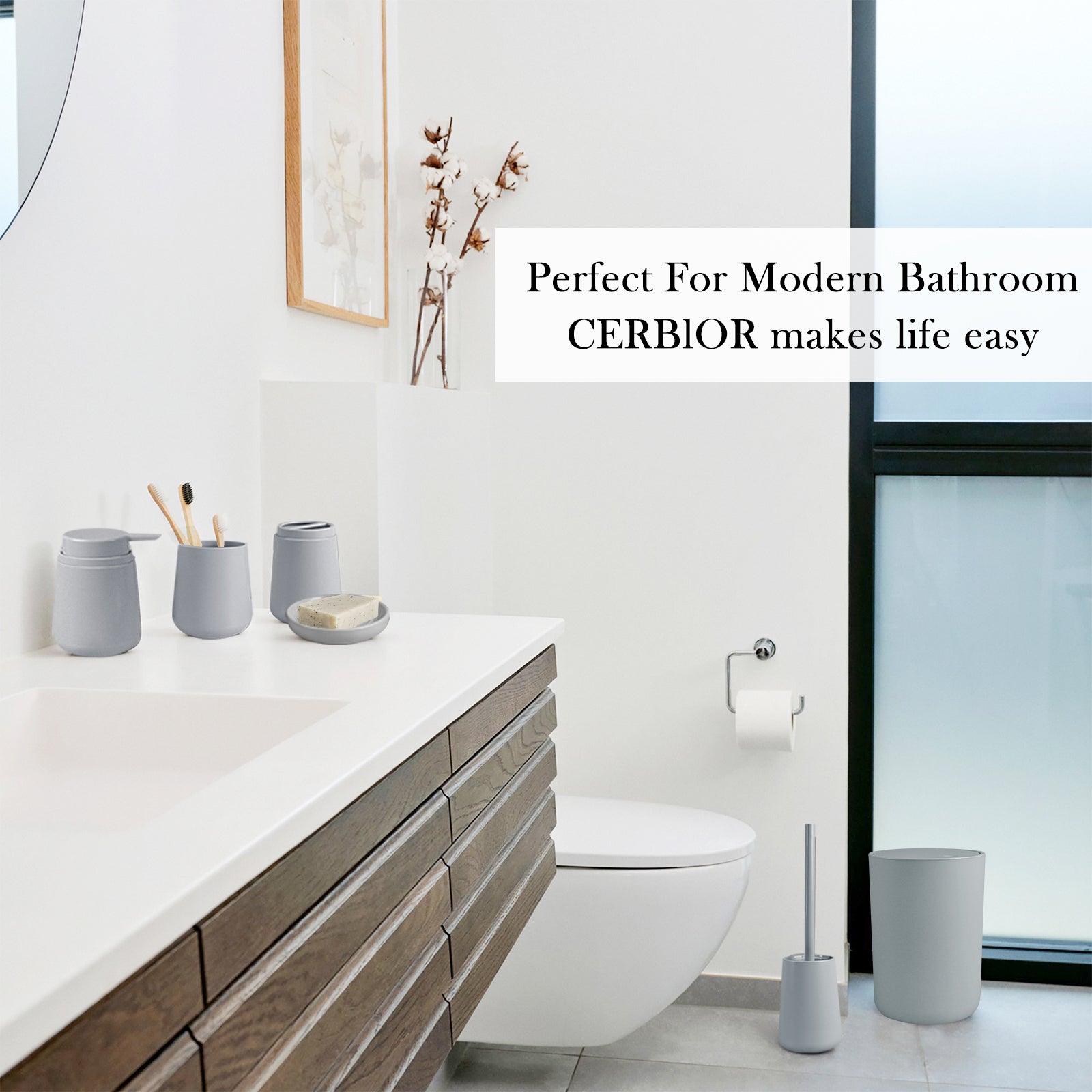 CERBIOR Bathroom Accessory Set 6 Piece Bathroom Set Soap Dispenser Toothbrush Holder Cup Soap Dish Toilet Cleaning Brush Push Down Trash Can, Green