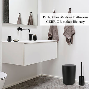 CERBIOR Bathroom Accessory Set 6 Piece Bathroom Set Soap Dispenser Toothbrush Holder Cup Soap Dish Toilet Cleaning Brush Push Down Trash Can, Black