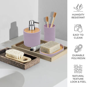 CERBIOR Bathroom Accessories Set 6 Piece Bamboo Bath Ensemble Includes Soap Dispenser, Toothbrush Holder, Toothbrush Cup, Soap Dish for Decorative Countertop and Housewarming Gift, Sriral Purple