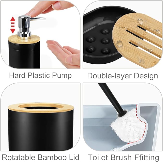 CERBIOR Elegant 6-Piece Bamboo & Plastic Bath Accessories Sets, Black