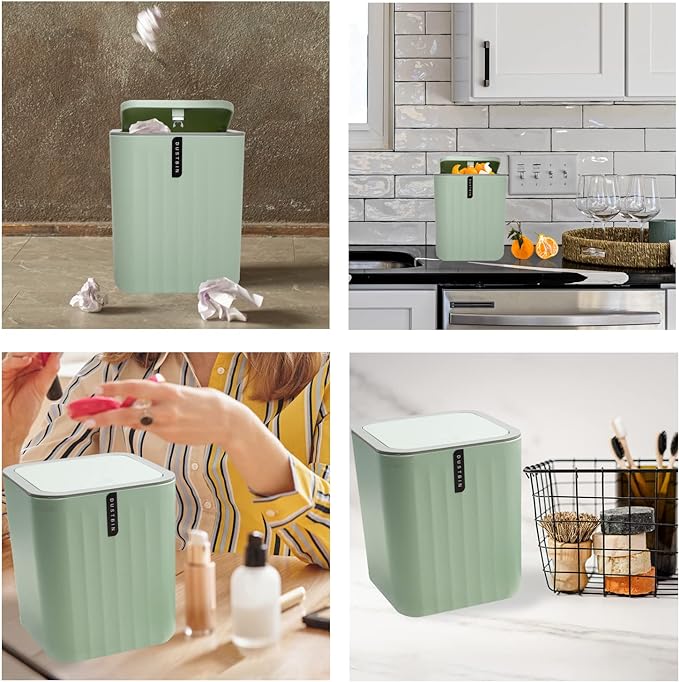 CERBIOR Bathroom 4-Piece Accessories Set, Bathroom Decor Set,Soap Dish,Soap Dispenser,Toothbrush Cup,Mini Desktop Trash Can with Lid, Green