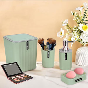 CERBIOR Bathroom 4-Piece Accessories Set, Bathroom Decor Set,Soap Dish,Soap Dispenser,Toothbrush Cup,Mini Desktop Trash Can with Lid, Green