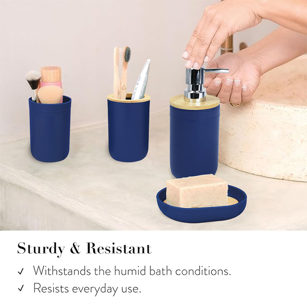 CERBIOR 7 PCS Bamboo Bathroom Accessories Sets with Trash Can, Soap Dispenser, Soap Dish, Toothbrush Holder, Toothbrush Cup, Toilet Brush and Qtip Holders,Navy Blue