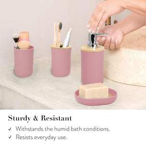 CERBIOR 7 PCS Bamboo Bathroom Accessories Sets with Trash Can, Soap Dispenser, Soap Dish, Toothbrush Holder, Toothbrush Cup, Toilet Brush and Qtip Holders,Pink