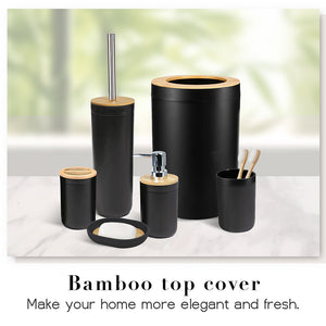 CERBIOR Bamboo Bathroom Accessory Set, 8 Pieces Bath Set- Soap Dish Toothbrush Holder Rinse Cup Lotion Bottle Trash Can Toilet Brush - Practical Toilet Kit for Home Washing Room, Bright Black