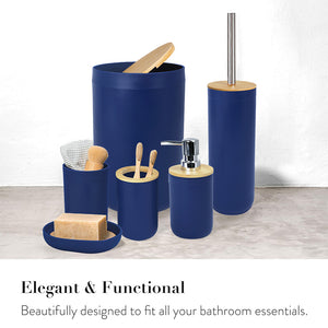 CERBIOR 7 PCS Bamboo Bathroom Accessories Sets with Trash Can, Soap Dispenser, Soap Dish, Toothbrush Holder, Toothbrush Cup, Toilet Brush and Qtip Holders,Navy Blue