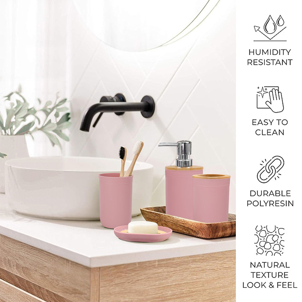 CERBIOR 7 PCS Bamboo Bathroom Accessories Sets with Trash Can, Soap Dispenser, Soap Dish, Toothbrush Holder, Toothbrush Cup, Toilet Brush and Qtip Holders,Pink