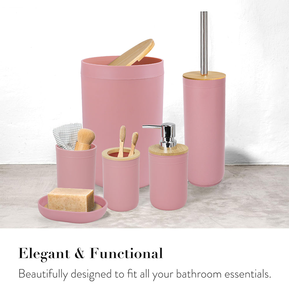 CERBIOR 7 PCS Bamboo Bathroom Accessories Sets with Trash Can, Soap Dispenser, Soap Dish, Toothbrush Holder, Toothbrush Cup, Toilet Brush and Qtip Holders,Pink