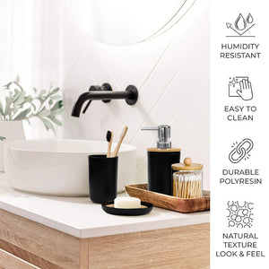 CERBIOR Bamboo Bathroom Accessory Set, 8 Pieces Bath Set- Soap Dish Toothbrush Holder Rinse Cup Lotion Bottle Trash Can Toilet Brush - Practical Toilet Kit for Home Washing Room, Bright Black