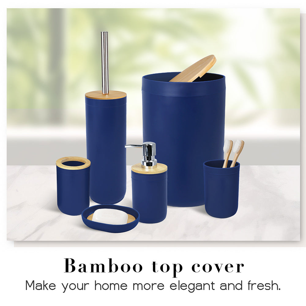 CERBIOR 7 PCS Bamboo Bathroom Accessories Sets with Trash Can, Soap Dispenser, Soap Dish, Toothbrush Holder, Toothbrush Cup, Toilet Brush and Qtip Holders,Navy Blue