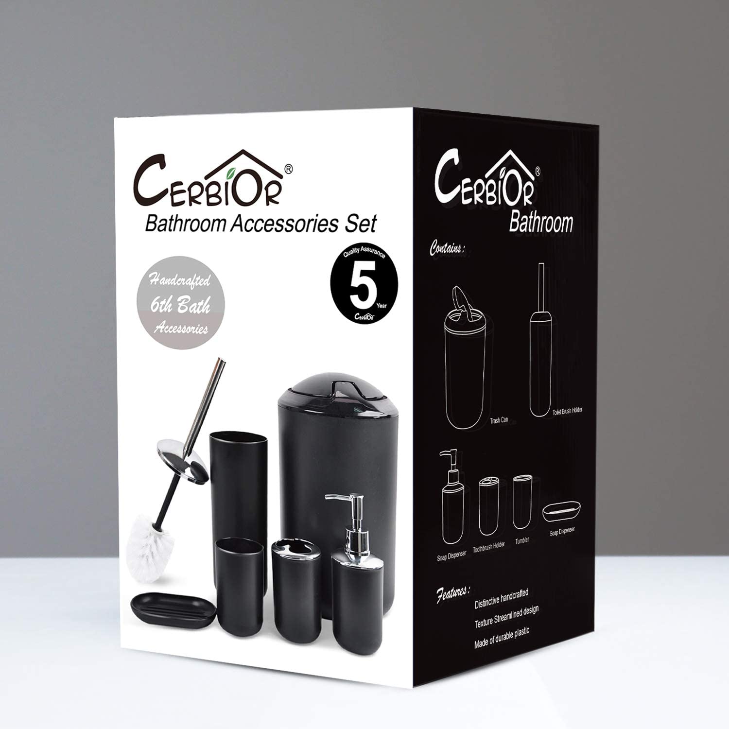 CERBIOR Bathroom Accessories Set 6 Piece Bath Ensemble Includes Soap Dispenser, Toothbrush Holder, Toothbrush Cup, Soap Dish for Decorative Countertop and Housewarming Gift, Black