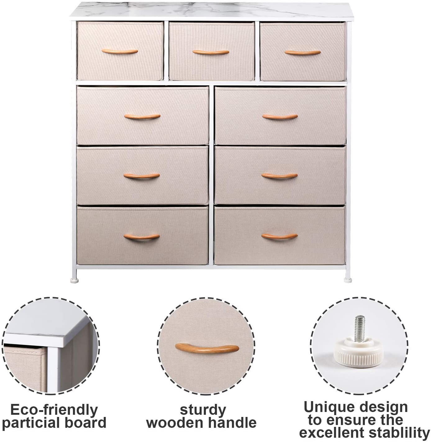 CERBIOR Wide Drawer Dresser Storage Organizer 9-Drawer Closet Shelves, Sturdy Steel Frame Marbling Wood Top with Easy Pull Fabric Bins for Clothing, Blankets (9-Cream Drawers)