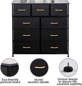 CERBIOR Wide Drawer Dresser Storage Organizer 9-Drawer Closet Shelves, Sturdy Steel Frame Marbling Wood Top with Easy Pull Fabric Bins for Clothing, Blankets (9-Black Drawers)