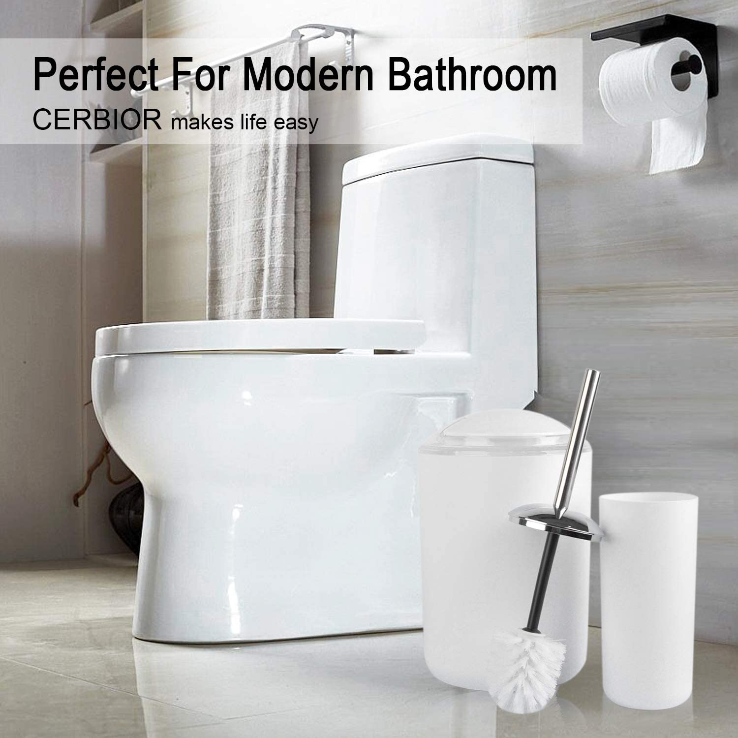 CERBIOR Bathroom Accessories Set Bath Ensemble Includes Soap Dispenser, Toothbrush Holder, Tumbler, Soap Dish for Decorative Countertop and Housewarming Gift (Snow White)
