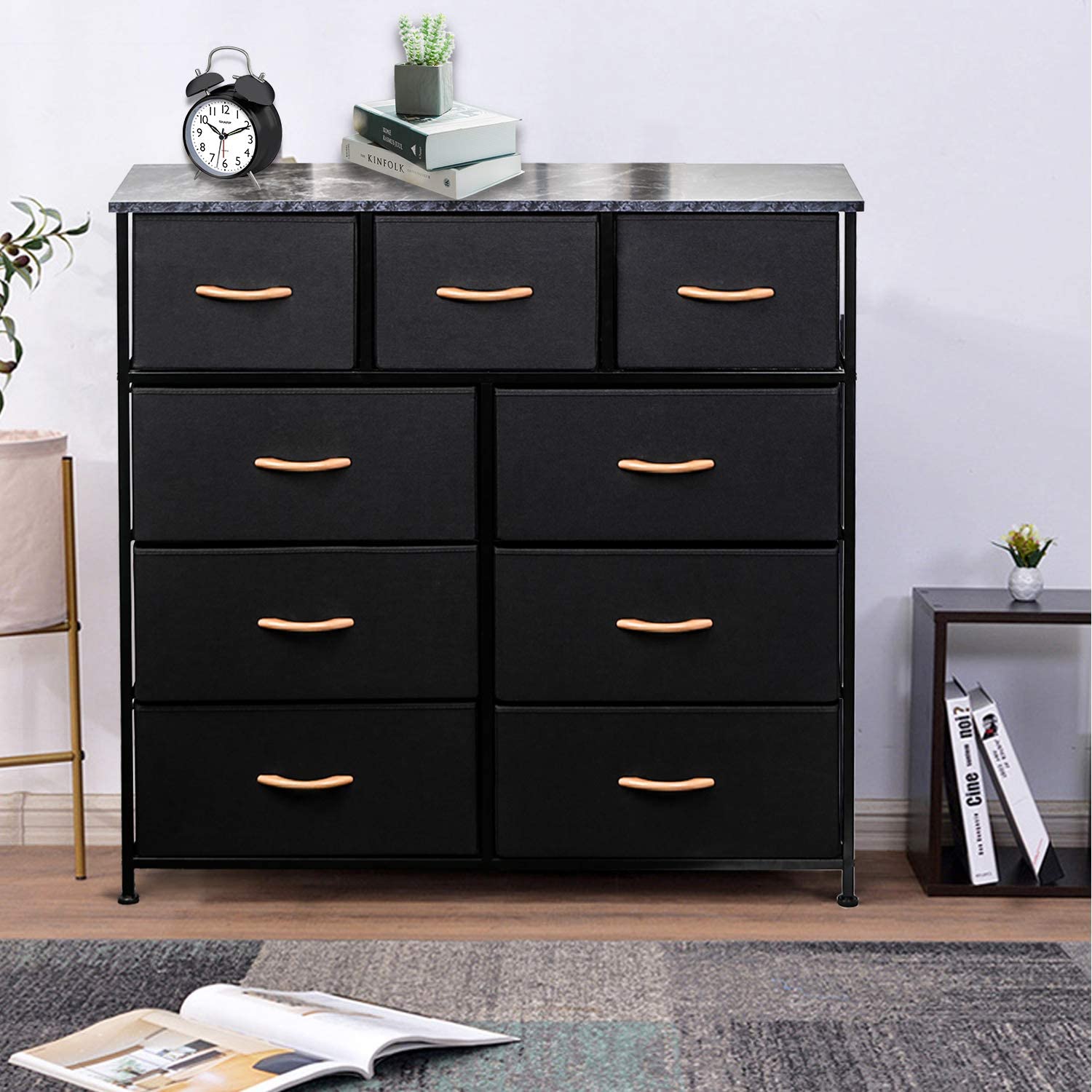 CERBIOR Wide Drawer Dresser Storage Organizer 9-Drawer Closet Shelves, Sturdy Steel Frame Marbling Wood Top with Easy Pull Fabric Bins for Clothing, Blankets (9-Black Drawers)