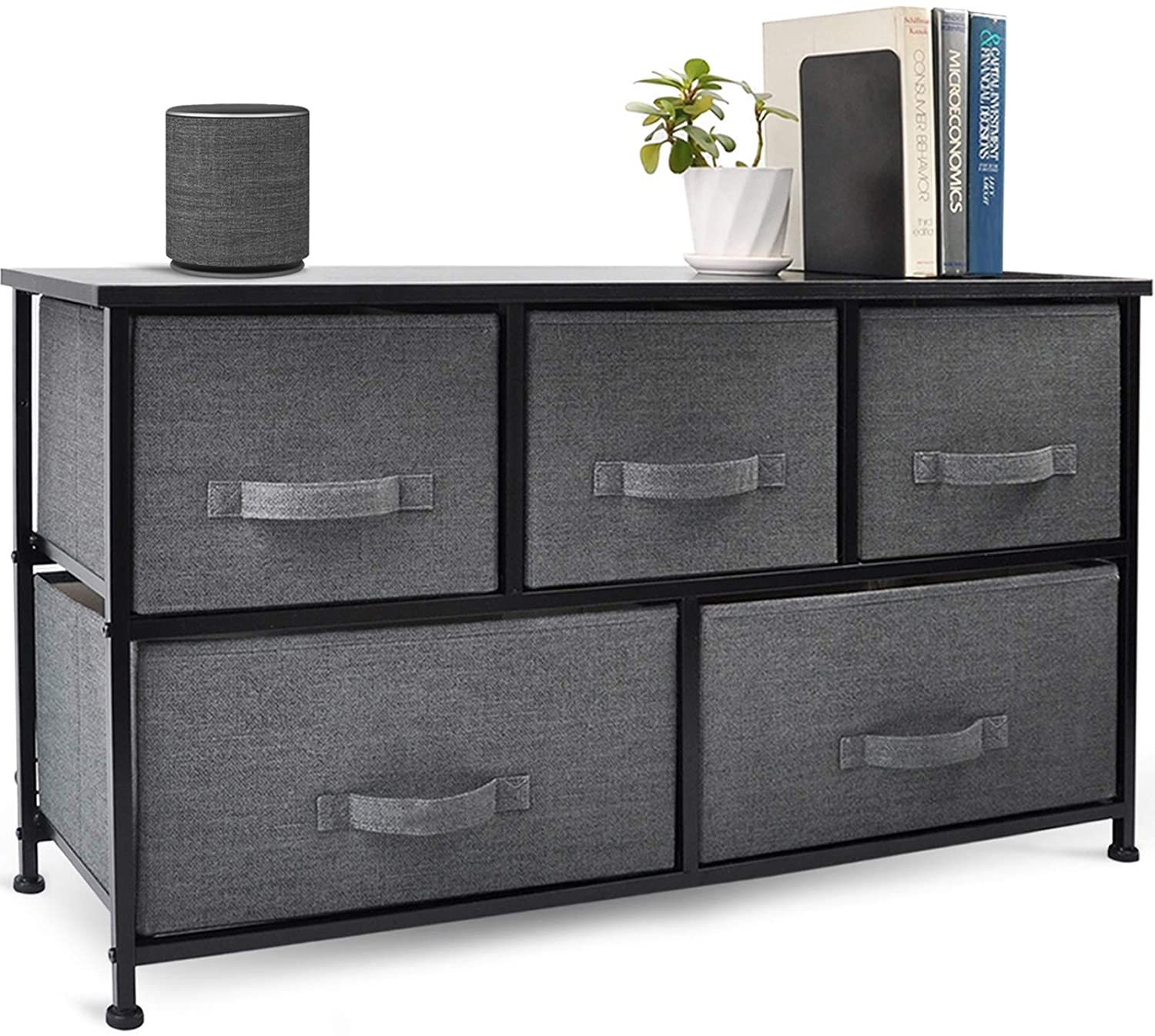 CERBIOR Wide Drawer Dresser Storage Organizer 5-Drawer Closet Shelves, Sturdy Steel Frame Wood Top with Easy Pull Fabric Bins for Clothing, Blankets - Charcoal