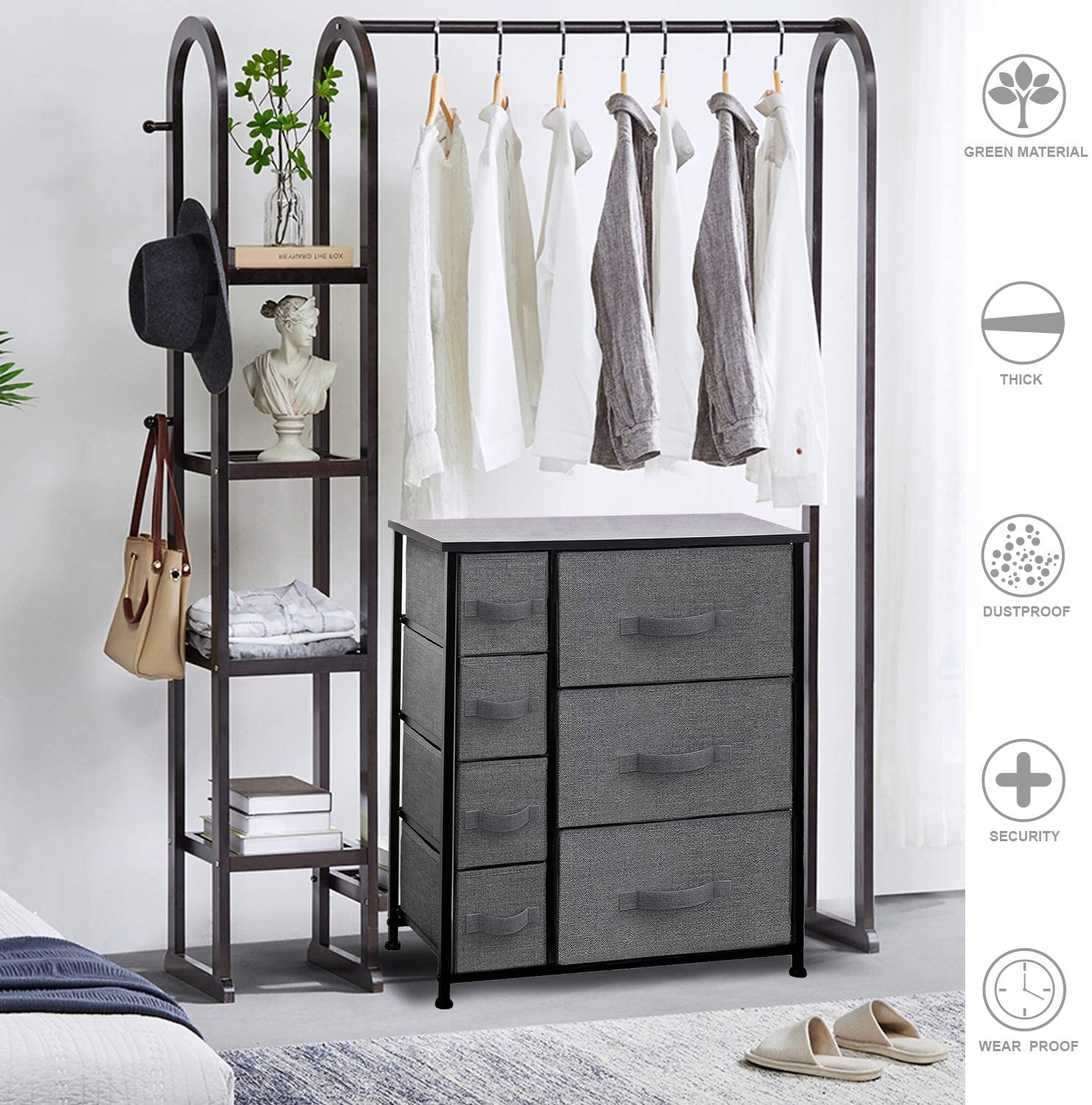 CERBIOR Drawer Dresser Closet Storage Organizer 7-Drawer Closet Shelves,  Sturdy Steel Frame Wood Top with Easy Pull Fabric Bins for Clothing,  Blankets